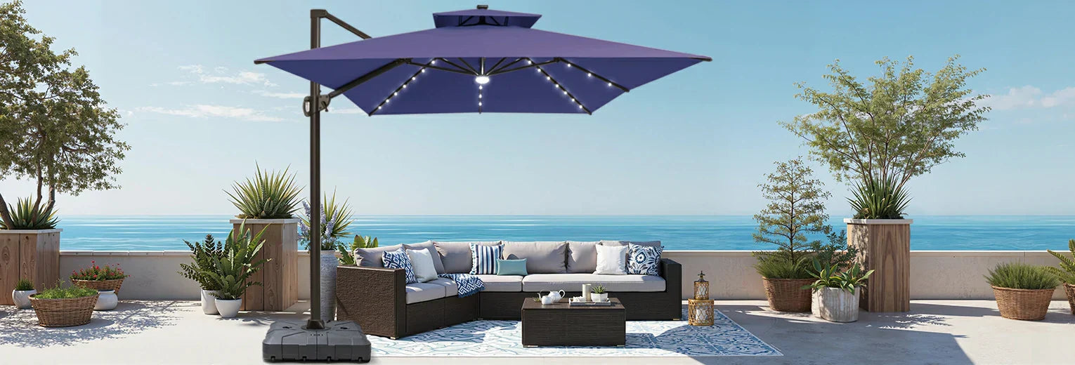 http www.hayneedle.com outdoor patio-umbrellas_list_179507 rntt patio 20umbrella 15 ft Parasol Umbrella with Multi-Mode LED Lights Strips and Base Stand Yaheetech Frame Color: Navy Blue effectively keeping the air below the canopy cool on scorch summer days. Hayneedle Patio Umbrellas