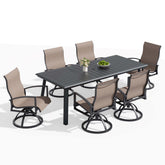 Aluminum Outdoor Dining Set with Curved-Arm Sunbrella Swivel Rocking Chairs