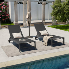 Steel Outdoor Adjustable Chaise Lounge Chairs with Wheels, Set of 2