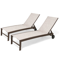 Steel Outdoor Adjustable Chaise Lounge Chairs with Wheels, Set of 2