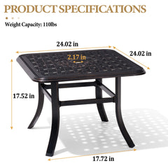 Black Square Cast Aluminum Outdoor Side Table with Umbrella Hole