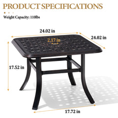 Black Square Cast Aluminum Outdoor Side Table with Umbrella Hole