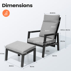 Adjustable Outdoor Reclining Chair with Ottoman & Cushions