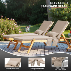 Outdoor Chaise Lounge Cushion with Storage Pockets and Pillow