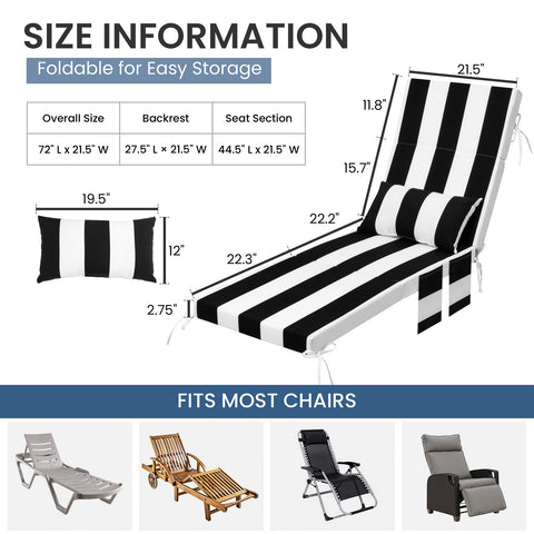 72 x 22 in. Outdoor Chaise Lounge Cushion with Pillow and Storage Pockets