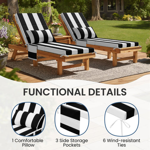 72 x 22 in. Outdoor Chaise Lounge Cushion with Pillow and Storage Pockets