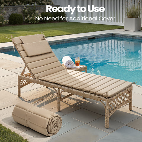 Foldable Outdoor Chaise Lounge Cushion with Headrest, Water-Resistant Patio Recliner Pad
