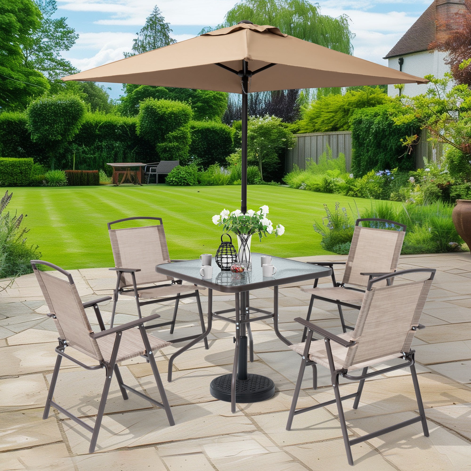 4 chair table and umbrella patio set Outsunny Garden Soire: 6-Piece Gray Dining with & Glass compatible with most umbrellas Material Handling Equipment | Workbenches