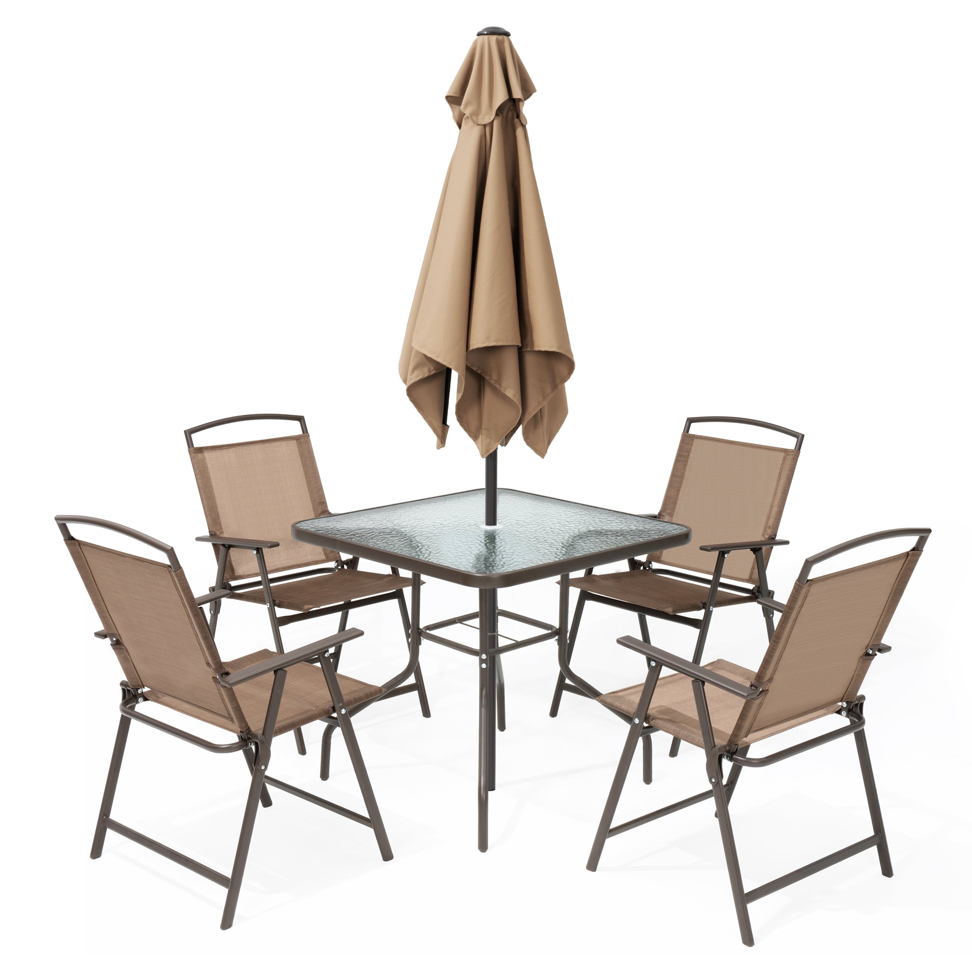 4 seat patio set with umbrella 6-Piece Dining Set w/ Glass Table & Umbrella