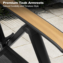 Aluminum Outdoor Dining Table with Umbrella Hole and Teak Armrest Folding Chairs Set