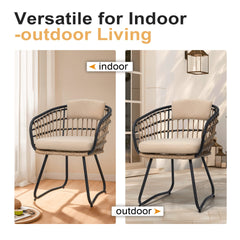 Rattan Outdoor Patio Dining Chairs with Cushions and Armrests, Set of 2
