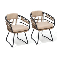 Rattan Outdoor Patio Dining Chairs with Cushions and Armrests, Set of 2