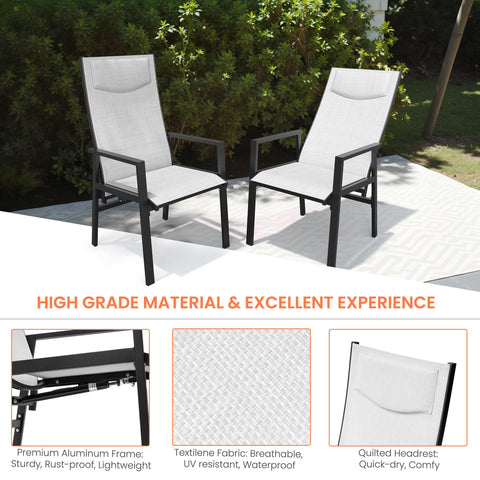 Pellebant Aluminum Outdoor Adjustable High Back Dining Chairs Set of 2 with Armrest and Padded Headrest
