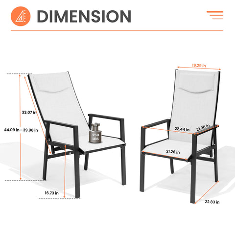 Pellebant Aluminum Outdoor Adjustable High Back Dining Chairs Set of 2 with Armrest and Padded Headrest