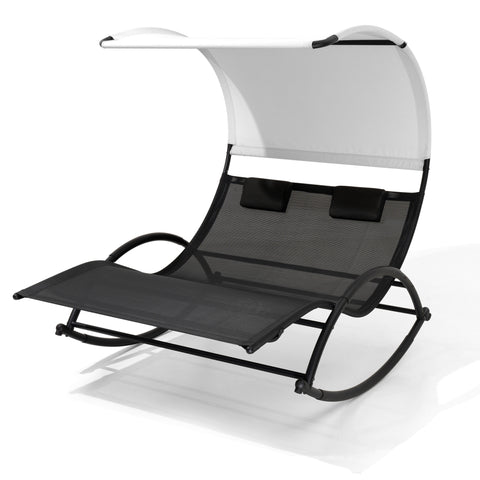 Outdoor Double Chaise Lounge Rocking Sun Bed with Sun Shade and Wheels
