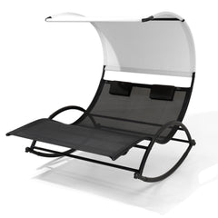 Outdoor Double Chaise Lounge Rocking Sun Bed with Sun Shade and Wheels