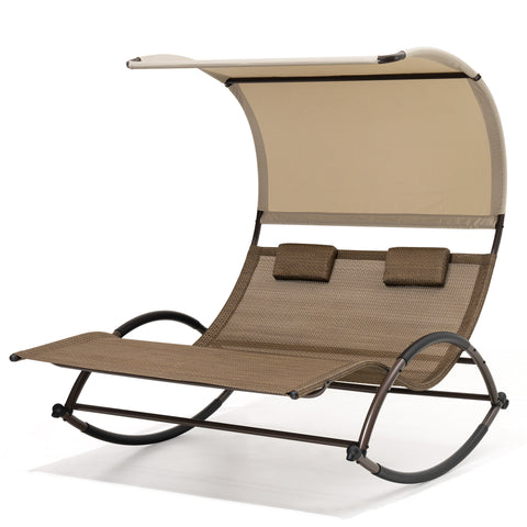 Outdoor Double Chaise Lounge Rocking Sun Bed with Sun Shade and Wheels