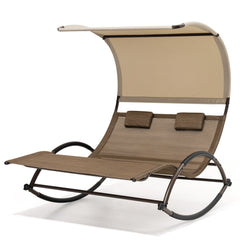 Outdoor Double Chaise Lounge Rocking Sun Bed with Sun Shade and Wheels