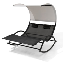 Outdoor Double Chaise Lounge Rocking Sun Bed with Sun Shade and Wheels