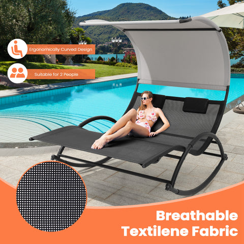 Pellebant Outdoor Double Sun Bed Chaise Lounge Chair Rocking Bed with Sun Shade & Wheels
