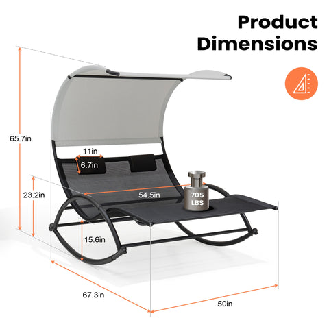 Pellebant Outdoor Double Sun Bed Chaise Lounge Chair Rocking Bed with Sun Shade & Wheels
