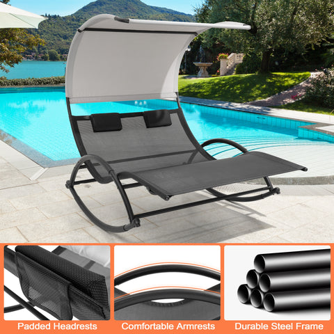 Pellebant Outdoor Double Sun Bed Chaise Lounge Chair Rocking Bed with Sun Shade & Wheels