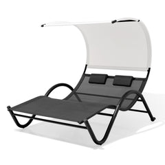 Outdoor Double Chaise Lounge Sun Bed with Canopy Shade and Wheels