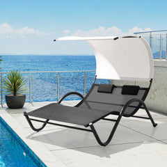 Outdoor Double Chaise Lounge Sun Bed with Canopy Shade and Wheels