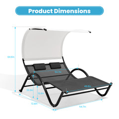 Outdoor Double Chaise Lounge Sun Bed with Canopy Shade and Wheels