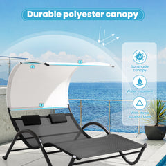 Outdoor Double Chaise Lounge Sun Bed with Canopy Shade and Wheels