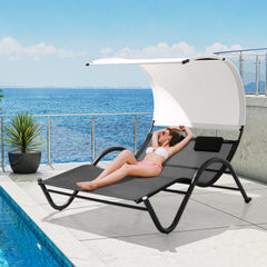 Outdoor Double Chaise Lounge Sun Bed with Canopy Shade and Wheels