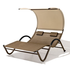 Outdoor Double Chaise Lounge Sun Bed with Canopy Shade and Wheels
