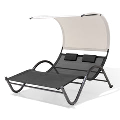 Outdoor Double Chaise Lounge Sun Bed with Canopy Shade and Wheels
