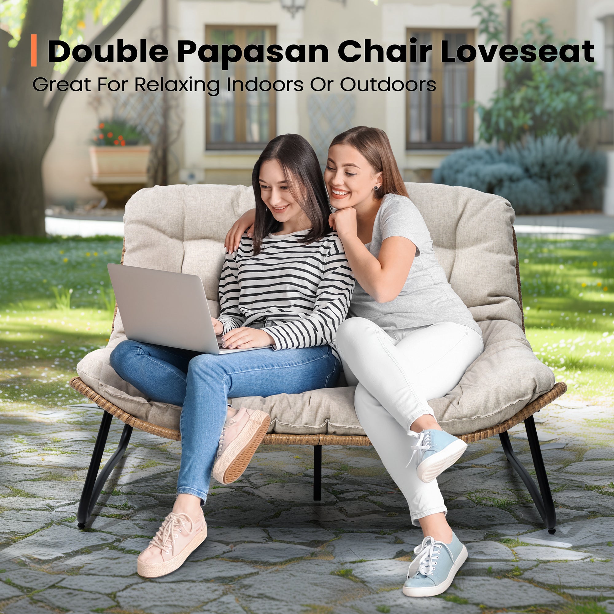 Pellebant Outdoor Loveseat 2-Seater Rattan Patio Sofa with Cushions