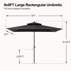 9 x 5 ft. Rectangular Outdoor Aluminum Market Umbrella with Double Top and Tilt