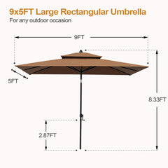 9 x 5 ft. Rectangular Outdoor Aluminum Market Umbrella with Double Top and Tilt