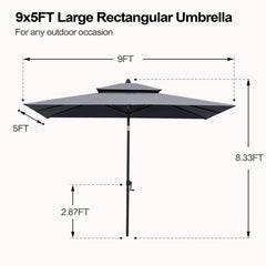 9 x 5 ft. Rectangular Outdoor Aluminum Market Umbrella with Double Top and Tilt
