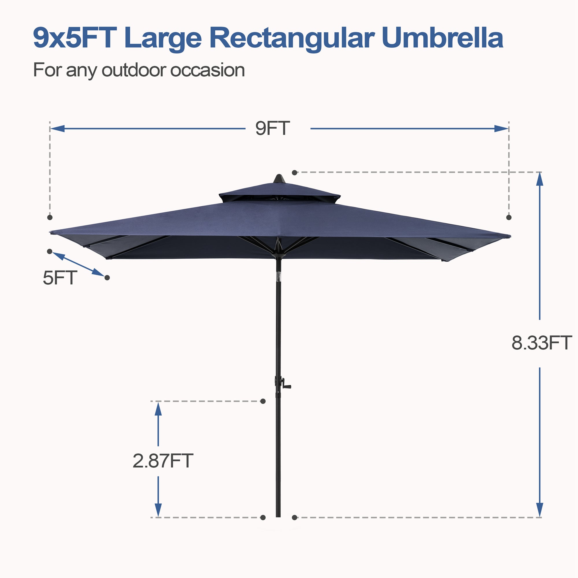 Pellebant Outdoor 9x5 ft Extra Large Rectangular Market Umbrella Double Top Aluminum Tilt