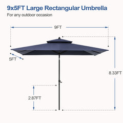 9 x 5 ft. Rectangular Outdoor Aluminum Market Umbrella with Double Top and Tilt
