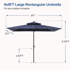 9 x 5 ft. Rectangular Outdoor Aluminum Market Umbrella with Double Top and Tilt