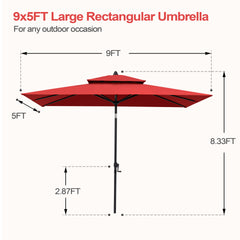 9 x 5 ft. Rectangular Outdoor Aluminum Market Umbrella with Double Top and Tilt