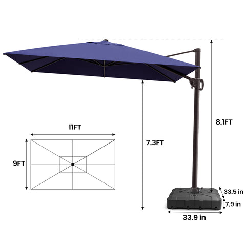 Pellebant 9x11ft Aluminum Crank Cantilever Patio Umbrella with Base