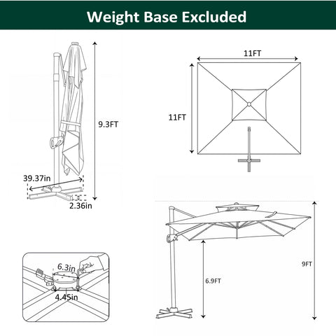 11 x 11 ft. Aluminum Double Top Cantilever Patio Umbrella with Base Options