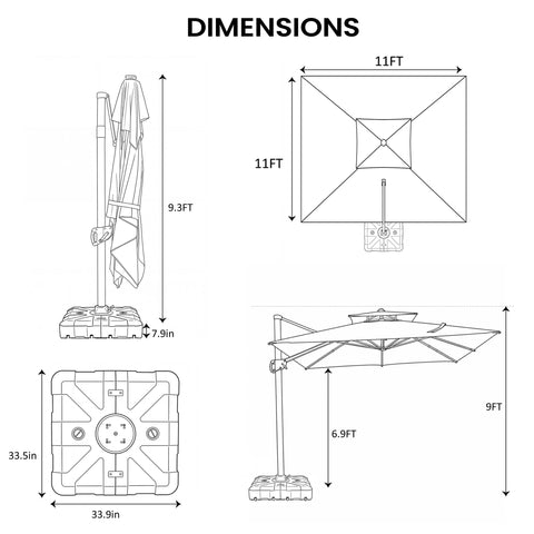 11 x 11 ft. Aluminum Double Top Cantilever Patio Umbrella with Base Options