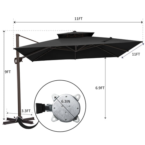 Pellebant 11x11 ft Aluminum Double Top Crank Cantilever Patio Umbrella