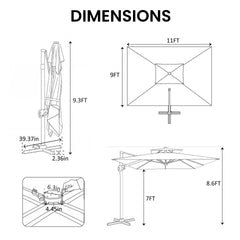 11 x 9 ft. Aluminum Double Top Cantilever Patio Umbrella with Base Options