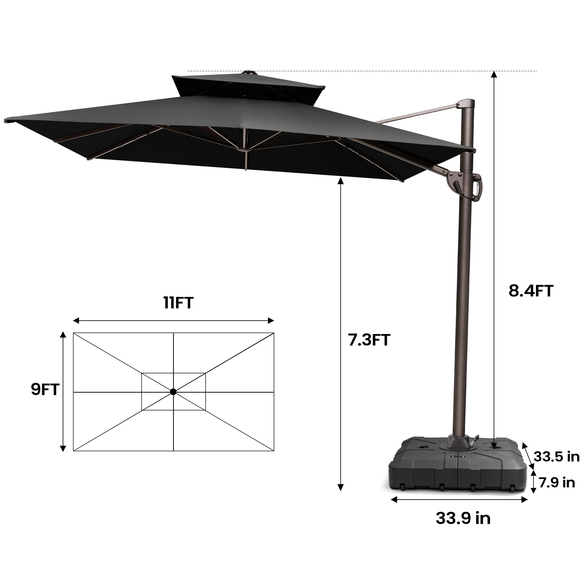 Pellebant 11x9ft Aluminum Double Top Crank Cantilever Patio Umbrella