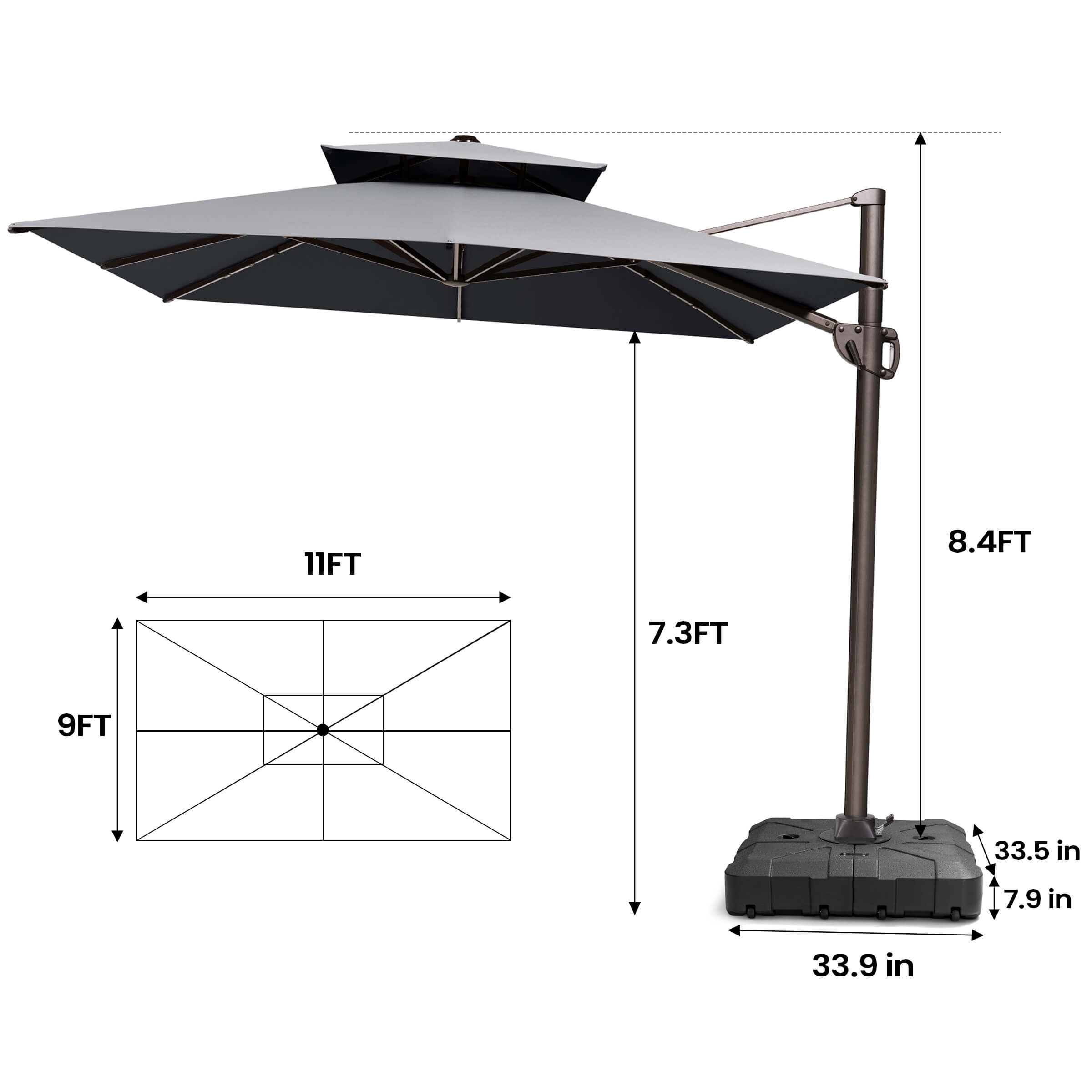 Pellebant 11x9ft Aluminum Double Top Crank Cantilever Patio Umbrella