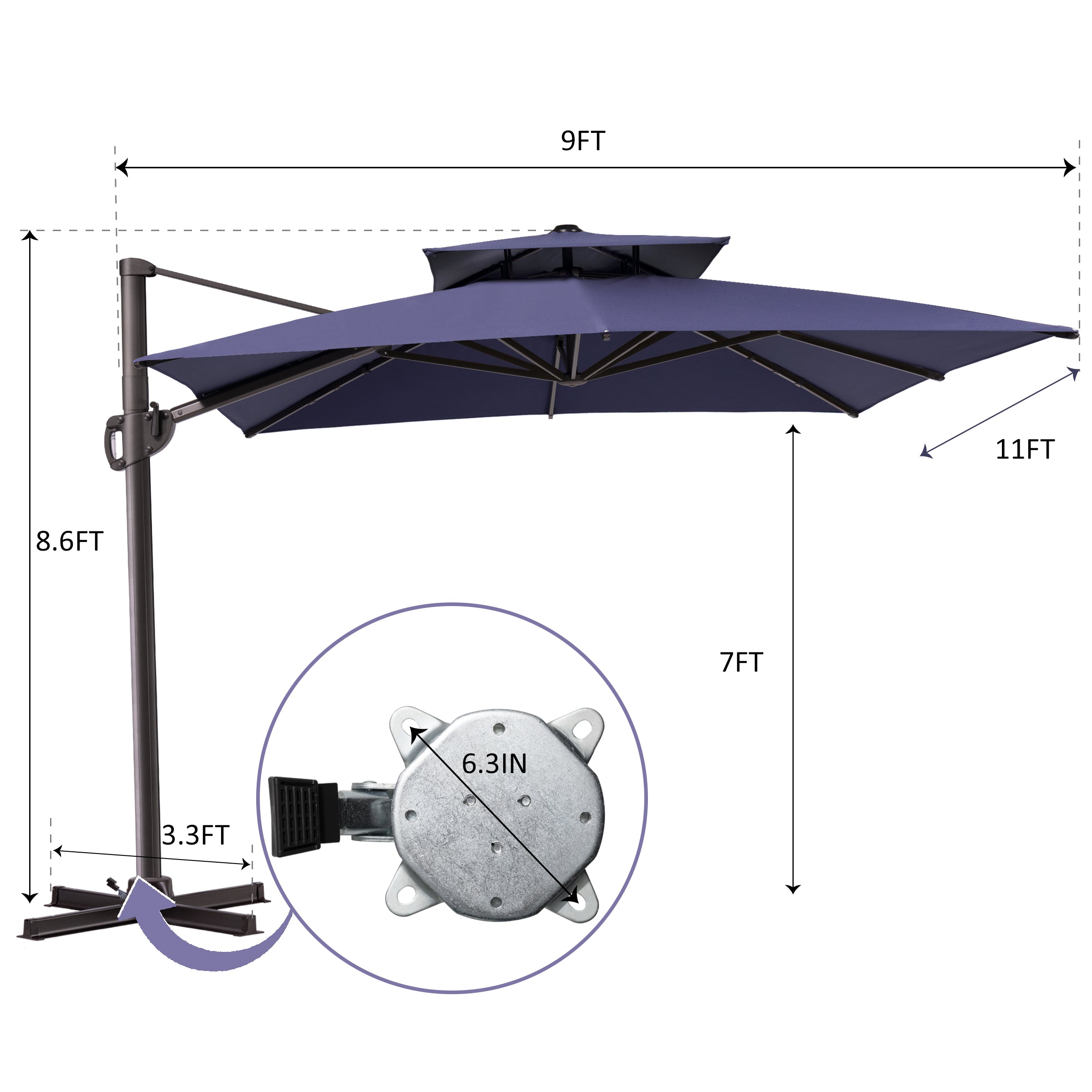 Pellebant 9x11ft Aluminum Double Top Crank Cantilever Patio Umbrella