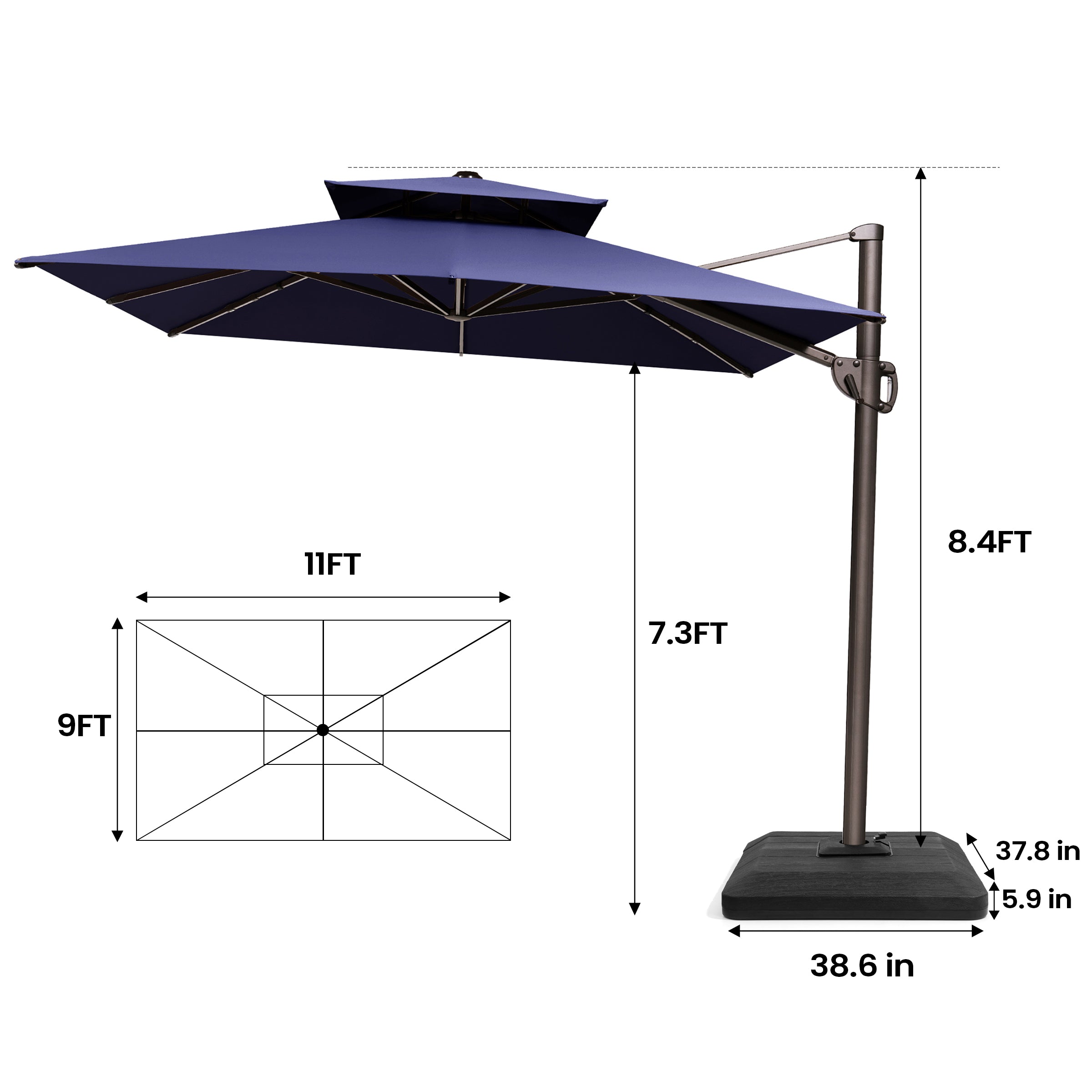 Pellebant 9x11ft Aluminum Double Top Crank Cantilever Patio Umbrella with Base